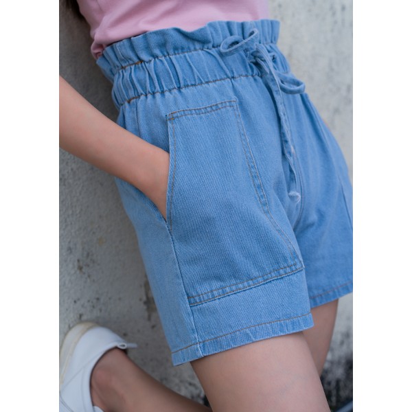 Denim Elastic Waist Pleated Ruffle Shorts